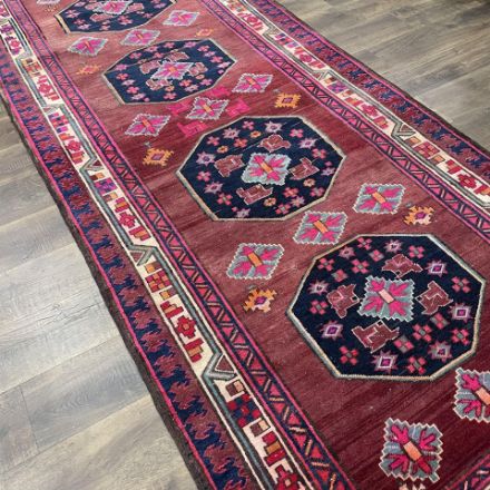 Picture of 10.5 Ft Extrra Wide Runner Hand-Knotted Distressed Wool Red Pink Runner Rug with Medallions for Hallway