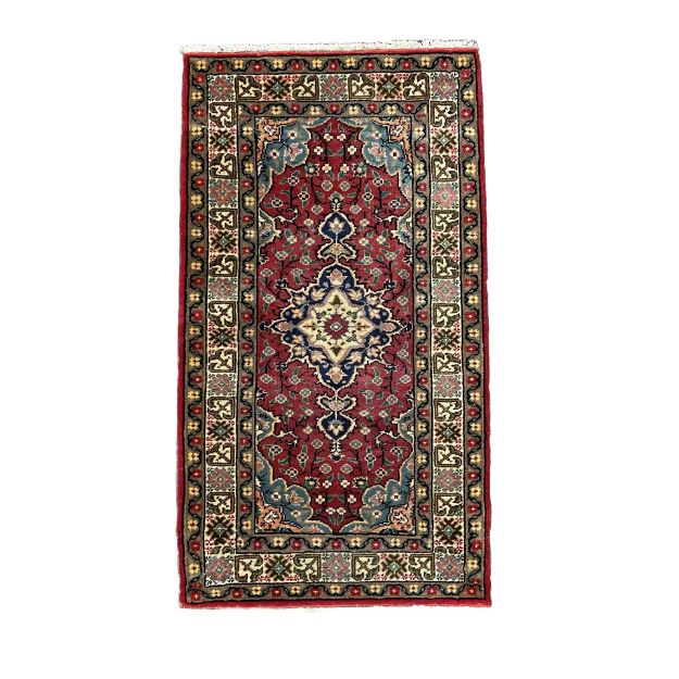 Picture of 2x3.5 Vintage Blue Anatolian Red Subtle Red with Geometric Medallion 