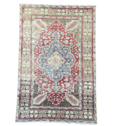 Picture of Handmade Wool Rug 4'x6" - Turkish Traditional Vintage Area Rug, Red and Blue, Eco-Friendly Home Decor