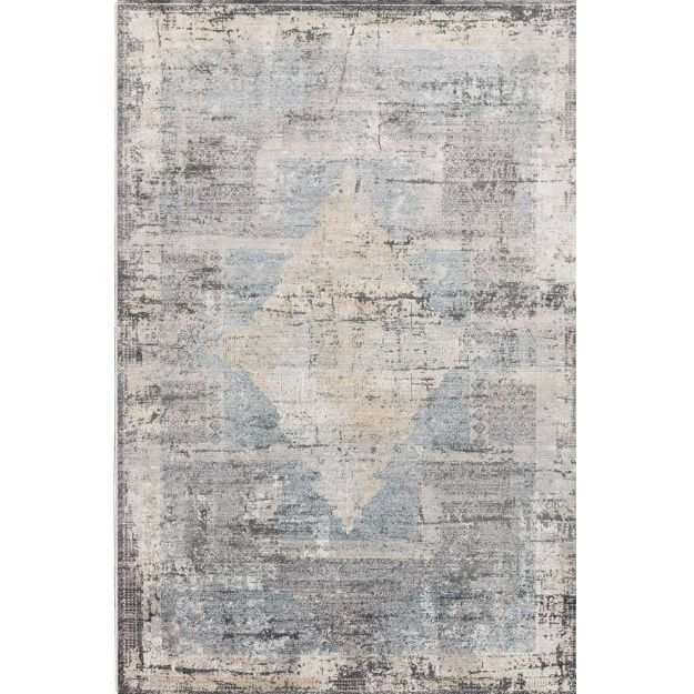 Vintage Medallion Masal Rug with muted gray and blue geometric pattern showcasing a distressed vintage look.