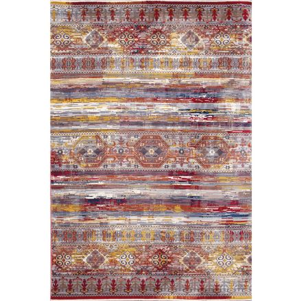 Vibrant rug with a traditional-inspired design featuring bold red, orange, and blue hues accented with intricate geometric patterns