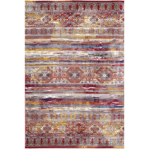 Vibrant rug with a traditional-inspired design featuring bold red, orange, and blue hues accented with intricate geometric patterns