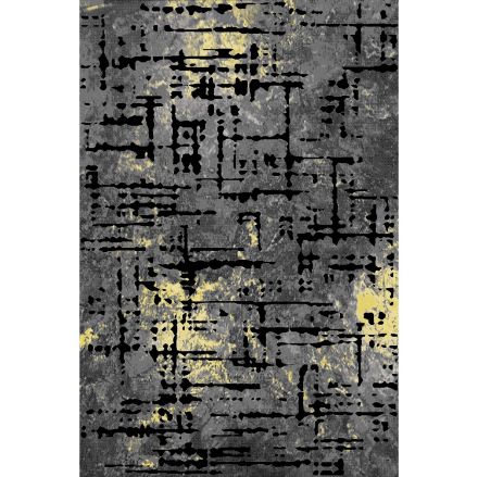 Textured abstract rug with gold, charcoal, and yellow pattern, featuring a black lower pile.