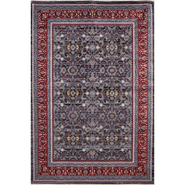 Picasso Gray Izmir Rug with Red Border featuring intricate floral and vine patterns in gray, red, ivory, and gold.