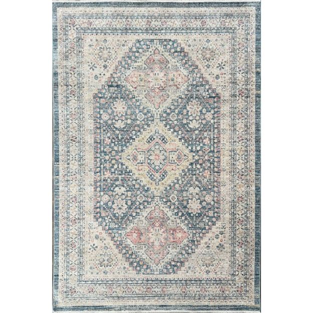 Elegant vintage blue area rug with a diamond trellis design and soft short pile ideal for enhancing living room or bedroom decor