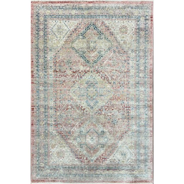 Vintage-inspired muted pinkish-red area rug with diamond trellis pattern and soft short pile for versatile home decor