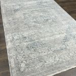 Light gray medallion rug featuring cream, beige, and subtle blue accents with durable cotton backing