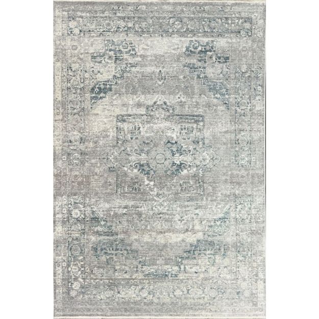 Vintage-inspired light gray area rug with medallion pattern and soft short pile for living room or bedroom decor