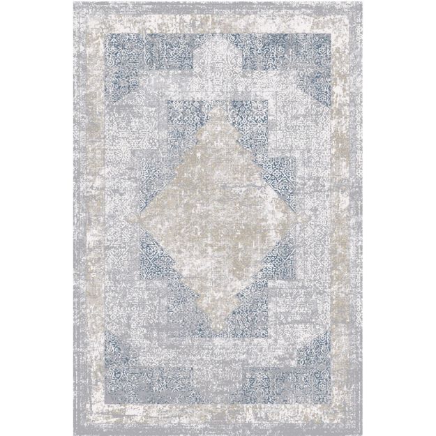 Luxurious Soft Smyrna diamond-pattern rug with high knot density and muted gold and grayish blue tones for elegant home decor