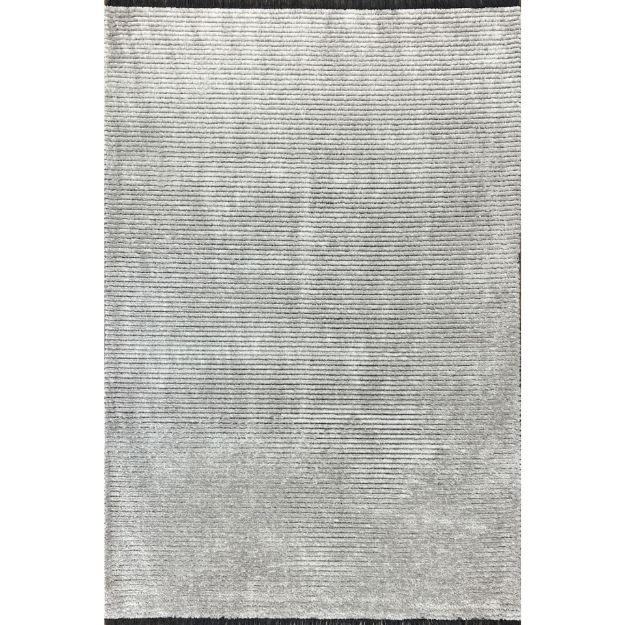 Mystique silver gray striped rug with luxurious 1-inch plush pile and black tassel fringe.