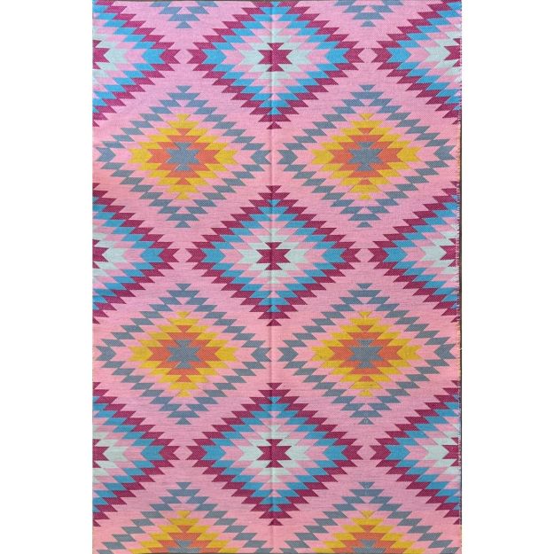 Pink Turkish kilim rug with colorful geometric tribal patterns for bohemian interiors