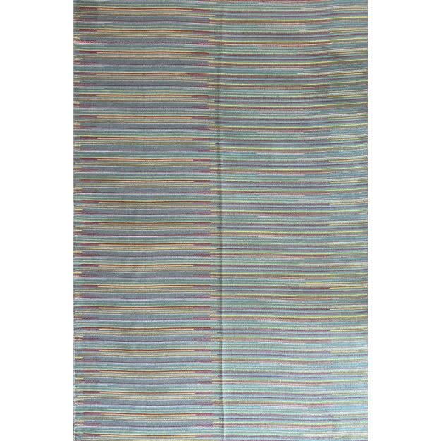 Blue Turkish kilim rug with colorful striped bohemian patterns for modern interiors