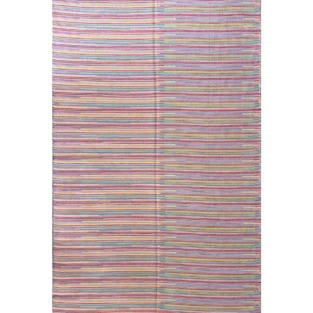 Pink Turkish kilim rug with colorful striped bohemian patterns for modern interiors