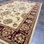 Elegant Soft Wool Rug with Timeless Beige and Burgundy Color Scheme