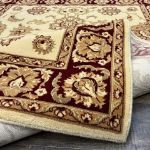 Traditional Oushak Beige and Burgundy Wool Rug with Oriental Border Pattern