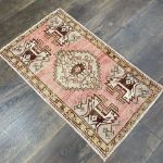 Picture of Hand-Knotted Turkish Rug 1'8" x 2'9" - Vintage Wool Area Rug, Small Boho Accent Rug, Pink & Beige Oushak Carpet, Handmade Entryway Mat