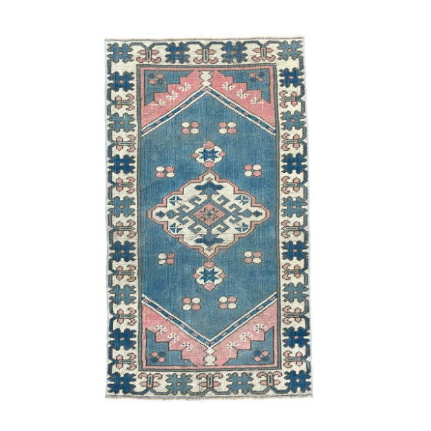 Picture of Hand-Knotted Turkish Rug 2'7" x 4'5" - Vintage Wool Area Rug, Blue & Pink Boho Carpet, Handmade Small Accent Rug, Soft Pastel Decor Mat