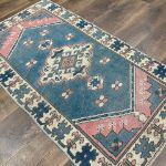 Picture of Hand-Knotted Turkish Rug 2'7" x 4'5" - Vintage Wool Area Rug, Blue & Pink Boho Carpet, Handmade Small Accent Rug, Soft Pastel Decor Mat