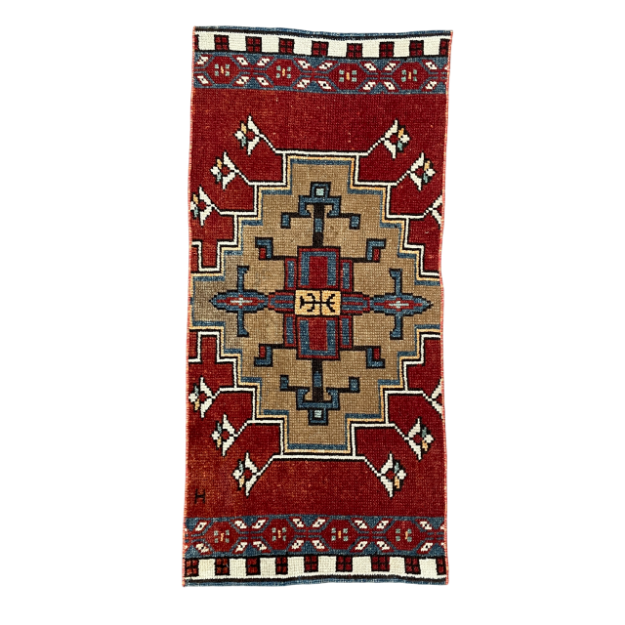 Picture of Hand-Knotted Tribal Rug 2'1" x 4'6" - Vintage Wool Area Rug, Boho Geometric Carpet, Handmade Red Turkish Accent Rug, Small Entryway Mat