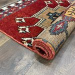 Picture of Hand-Knotted Tribal Rug 2'1" x 4'6" - Vintage Wool Area Rug, Boho Geometric Carpet, Handmade Red Turkish Accent Rug, Small Entryway Mat