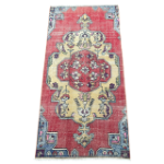 Picture of Handmade Wool Runner Rug - 3'6"x7'4" Vibrant Red and Yellow Medallion Design Boho Area Rug