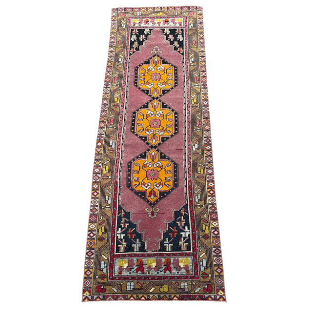 Picture of Handmade Wool Runner Rug - 3'1"x9'4" Boho Pink and Yellow Geometric Long Hallway Rug