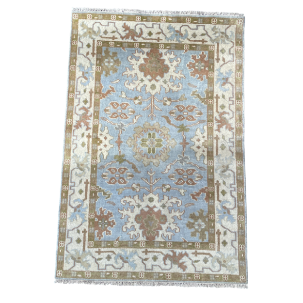 Picture of Handmade Wool Area Rug - 4'x6' Soft Blue and Ivory Floral Design Traditional Rug