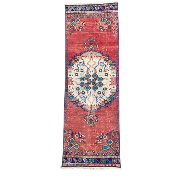 Picture of Handmade Wool  2'3"x6'8" Runner Rug - Vibrant Red and Ivory Medallion Design Hallway Rug