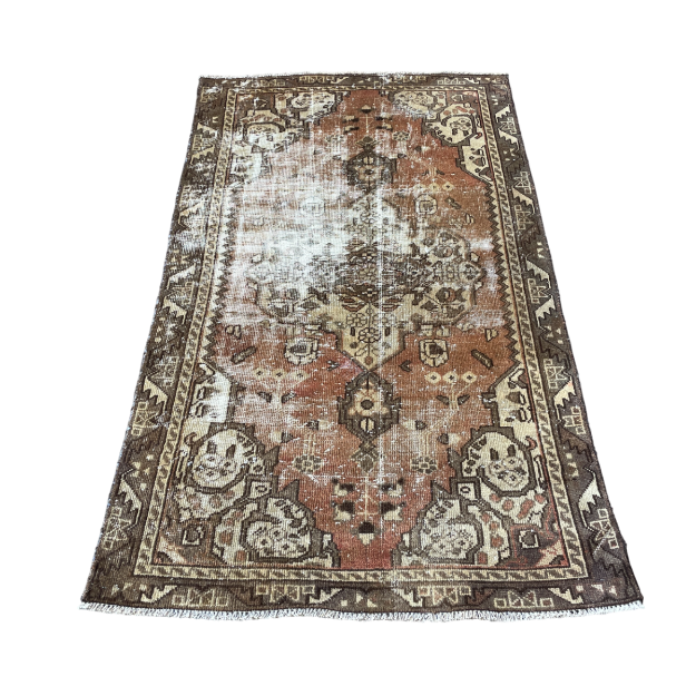 Picture of 3'10"x6'5" Handmade Antique Turkish Wool Rug – Hand-Knotted Vintage Brown & Beige Medallion Carpet