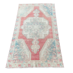 Picture of 4'x7' Handmade Hand-Knotted Turkish Rug – Vintage Pink and Aqua Medallion Wool Rug