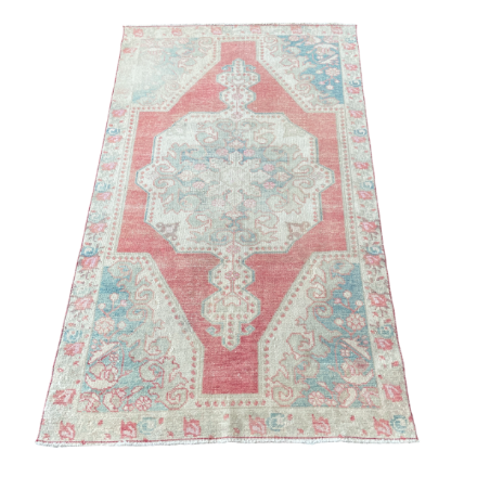 Picture of 4'x7' Handmade Hand-Knotted Turkish Rug – Vintage Pink and Aqua Medallion Wool Rug