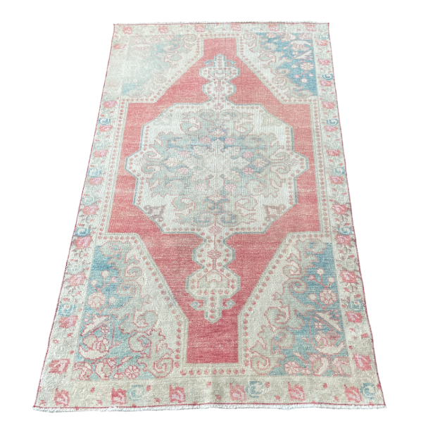 Picture of 4'x7' Handmade Hand-Knotted Turkish Rug – Vintage Pink and Aqua Medallion Wool Rug