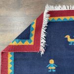 Picture of 3'2"x6'4" Handmade Wool Kilim Rug – Navy Blue Flat-Weave with Folk Bird and Figure Motif