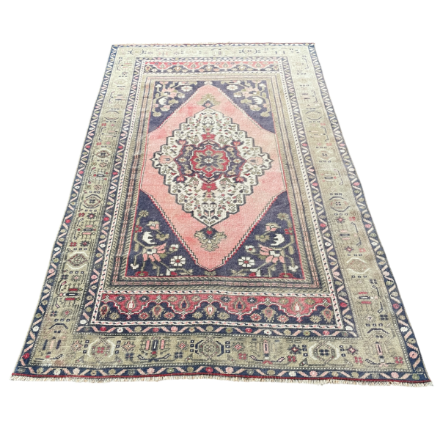 Picture of 3'8" x 6'1" Vintage Turkish Rug | Handmade Wool Rug with Medallion | Pink and Navy Living Room Rug