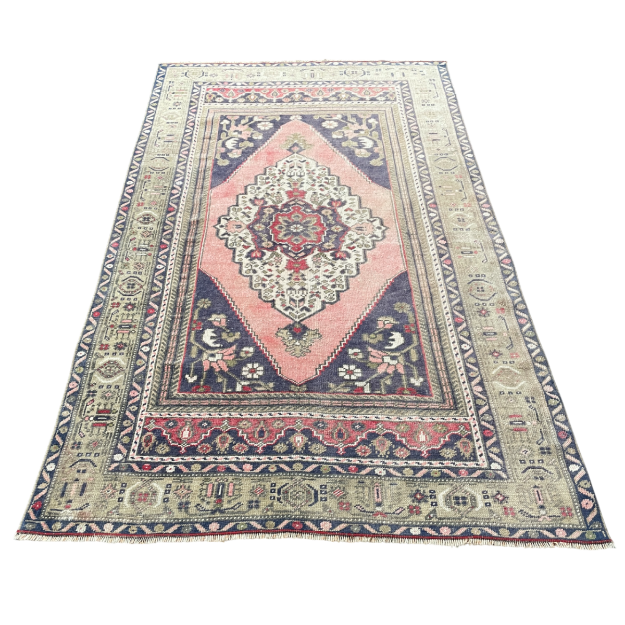 Picture of 3'8" x 6'1" Vintage Turkish Rug | Handmade Wool Rug with Medallion | Pink and Navy Living Room Rug