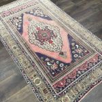 Picture of 3'8" x 6'1" Vintage Turkish Rug | Handmade Wool Rug with Medallion | Pink and Navy Living Room Rug