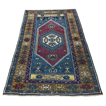Picture of 3' x 4'9" Handmade Turkish Wool Rug | Vintage Blue Medallion Rug | Boho Accent Rug