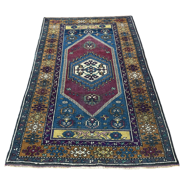 Picture of 3' x 4'9" Handmade Turkish Wool Rug | Vintage Blue Medallion Rug | Boho Accent Rug