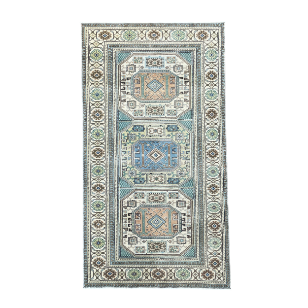 Picture of 3' x 5'6" Handmade Turkish Wool Rug | Vintage Blue Geometric Rug | Boho Accent Rug