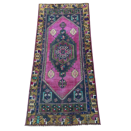 Picture of 3'1" x 7' Handmade Turkish Wool Rug | Vintage Pink Runner Rug | Boho Hallway Rug