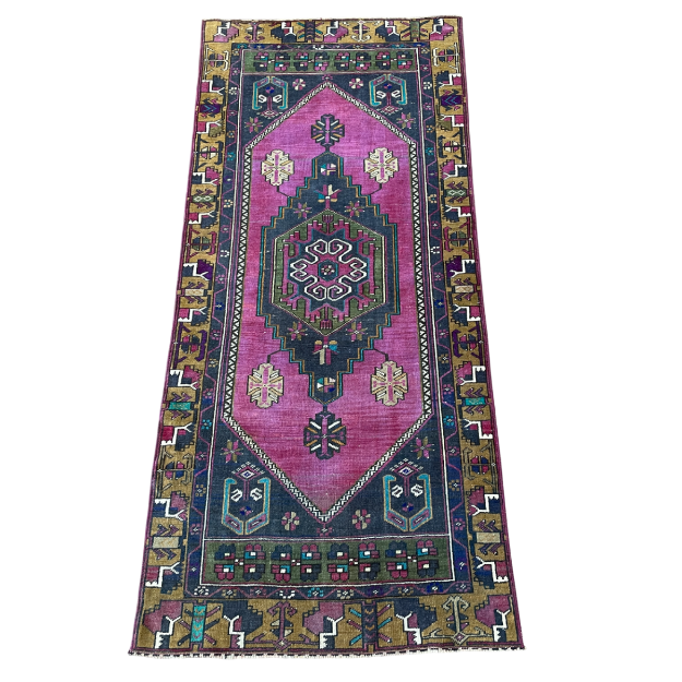 Picture of 3'1" x 7' Handmade Turkish Wool Rug | Vintage Pink Runner Rug | Boho Hallway Rug