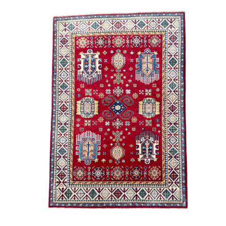 Picture of Handmade 4'x6' Red Turkish Rug – Bold Geometric Tribal Design, Unique Boho Area Rug