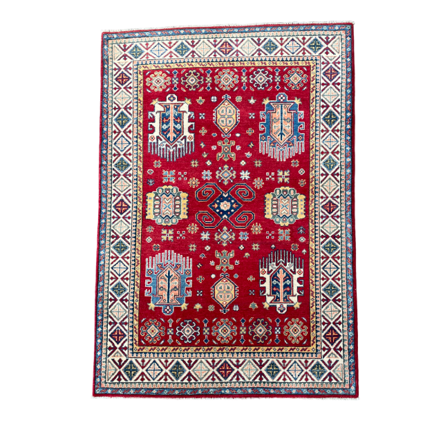 Picture of Handmade 4'x6' Red Turkish Rug – Bold Geometric Tribal Design, Unique Boho Area Rug