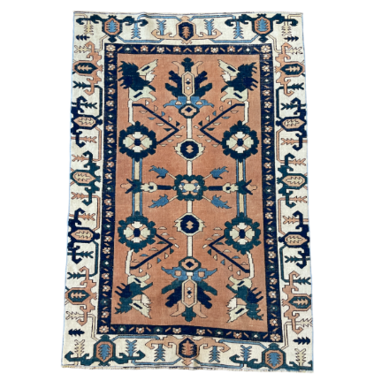Picture of Handmade 4'3"x6'4" Turkish Rug – Terracotta and Blue Floral Design, Unique Boho Area Rug