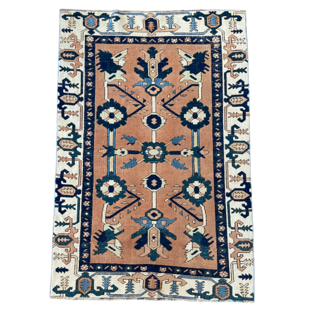 Picture of Handmade 4'3"x6'4" Turkish Rug – Terracotta and Blue Floral Design, Unique Boho Area Rug