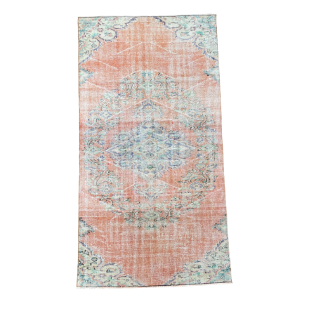Picture of Handmade 4'3"x8' Turkish Distressed Peach and Blue Rug – Vintage Medallion Design, Boho Area Rug