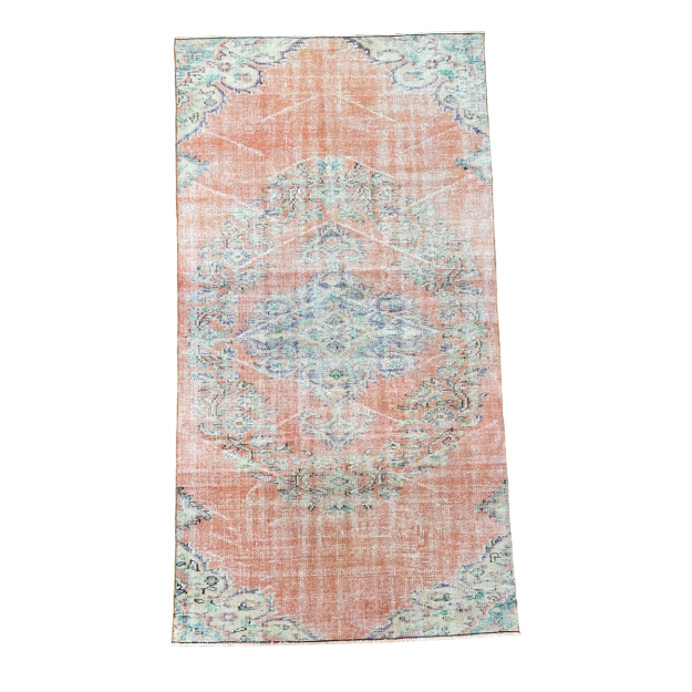 Picture of Handmade 4'3"x8' Turkish Distressed Peach and Blue Rug – Vintage Medallion Design, Boho Area Rug