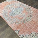 Picture of Handmade 4'3"x8' Turkish Distressed Peach and Blue Rug – Vintage Medallion Design, Boho Area Rug