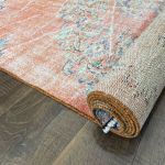 Picture of Handmade 4'3"x8' Turkish Distressed Peach and Blue Rug – Vintage Medallion Design, Boho Area Rug