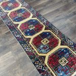 Picture of Handmade 2'4"x8' Turkish Runner Rug – Red and Blue Geometric Design, Vintage Hallway Decor
